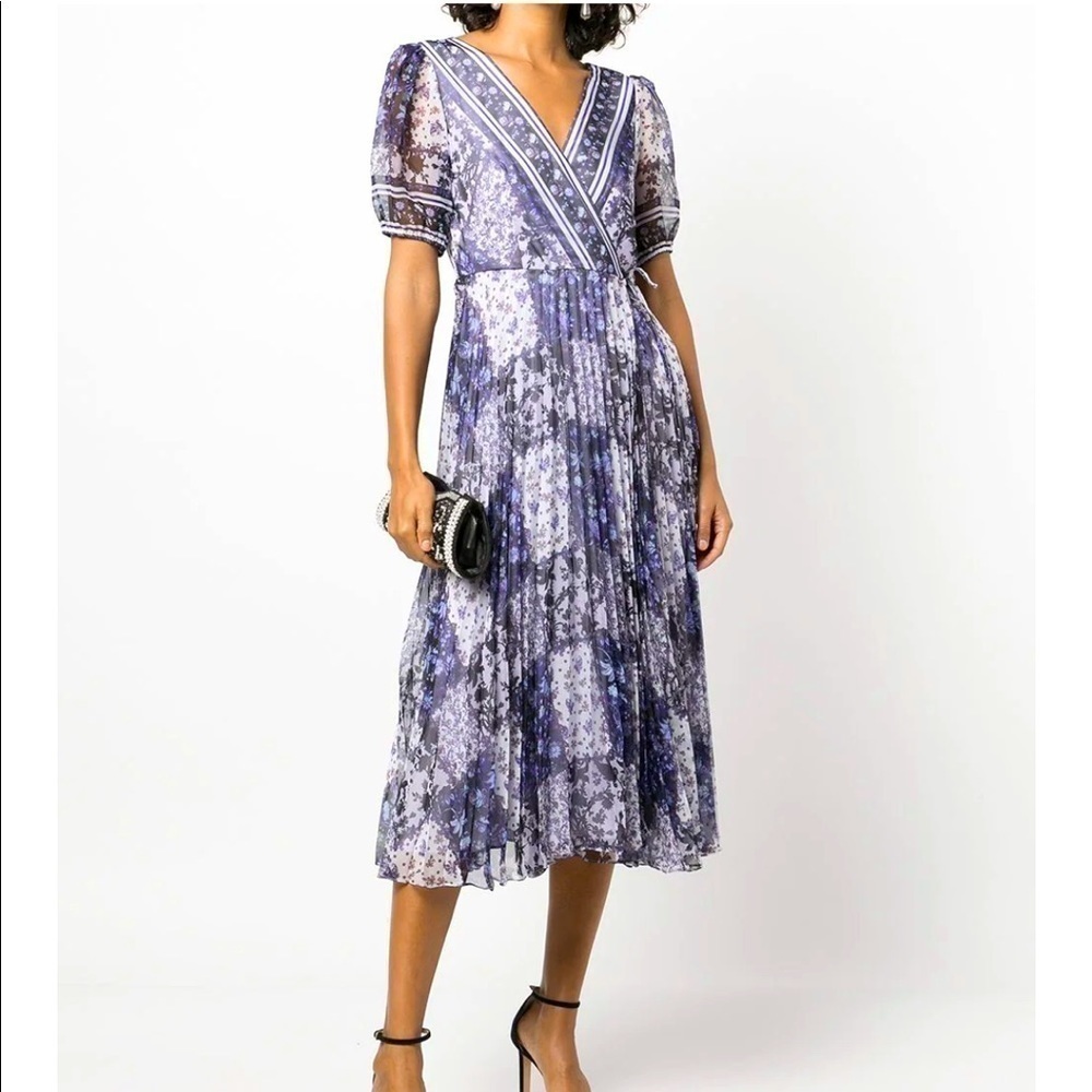 Marchesa Notte Purple black floral patchwork wrap midi dress New S
